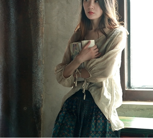 봄 여름 프린팅 린넨스커트 브이넥 7부 블라우스 - 상세 이미지 4