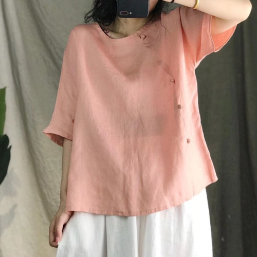 여름린넨블라우스 매듭단추 40 50대여성의류 미시옷 엄마옷 - 메인 이미지