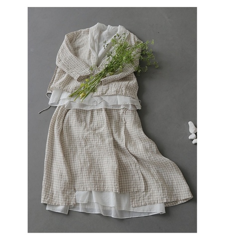 하마마스 봄 여름 두겹 레이어드 린넨 가디건 스커트 체크 미시옷 엄마옷