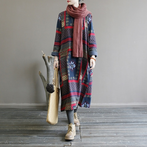 겨울 여성 린넨 기모 패턴 원피스 40 50대여성의류 미시옷 엄마옷