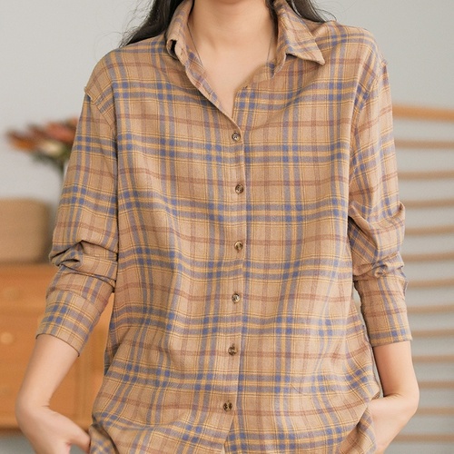 하마마스 가을 레트로 체크셔츠 블라우스 순면 루즈핏 - 상품 이미지