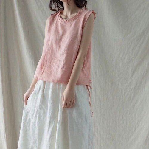 하마마스 린넨 블라우스 프릴넥 셔링 민소매 블라우스 여름 데일리 아이템
