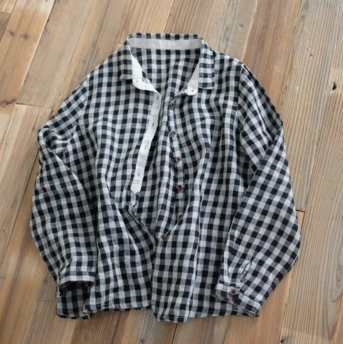 린넨체크셔츠 배색 긴소매 린넨블라우스 - 상세 이미지 2