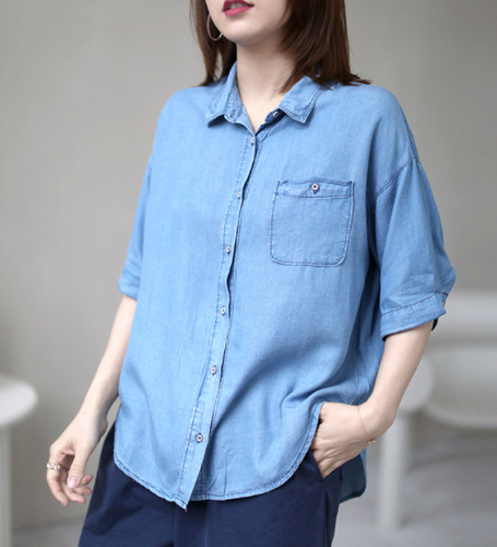 여름 반팔 텐셀데님셔츠 40 50대여성의류 미시옷 엄마옷 - 상품 이미지