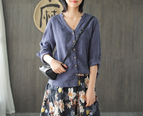 가을 린넨블라우스 브이넥 루즈핏