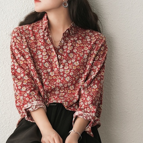 하마마스 가을 잔꽃 순면 셔츠 블라우스 40 50대여성의류 미시옷 엄마옷 - 메인 이미지