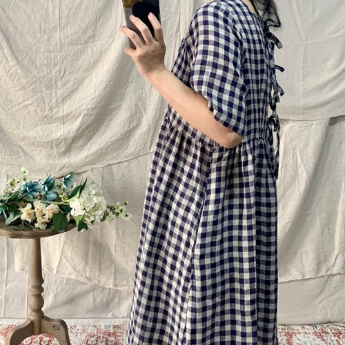 린넨체크원피스 리본 40 50대여성의류 미시옷 엄마옷