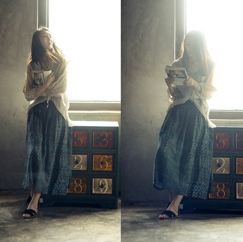 봄 여름 프린팅 린넨스커트 브이넥 7부 블라우스 - 상세 이미지 2