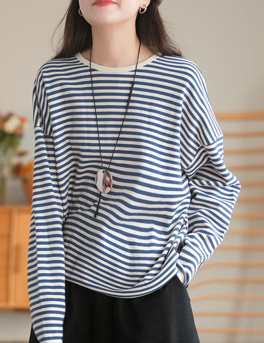 하마마스 가을 면 스트라이프 단가라 니트티셔츠 미시옷 엄마옷