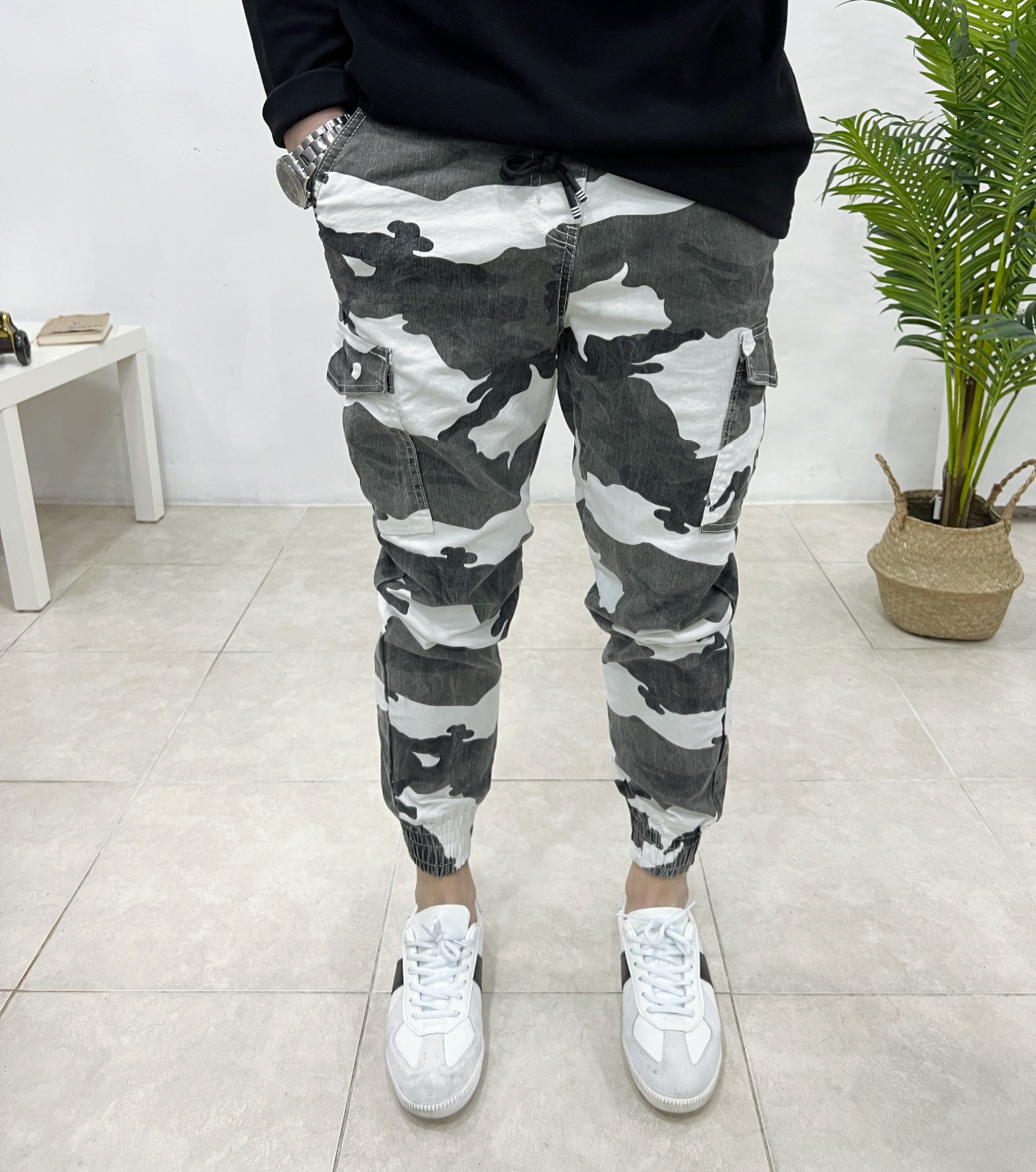 남자 밴딩 조거팬츠 카모 밀리터리 워싱 스판 카고바지