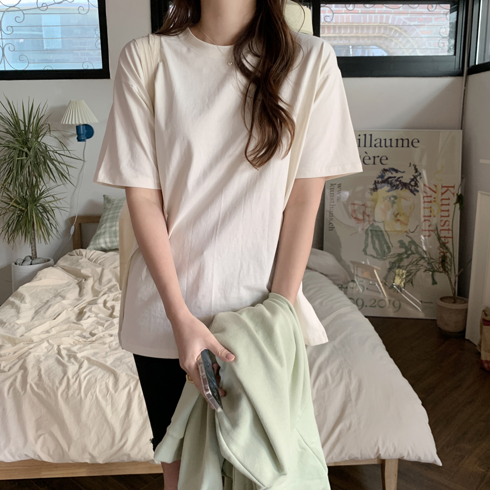 오버핏 옆트임 이너 레이어드 티셔츠 기본 봄 여성 티셔츠 면 라운드 여자 롱티 - 상세 이미지 2