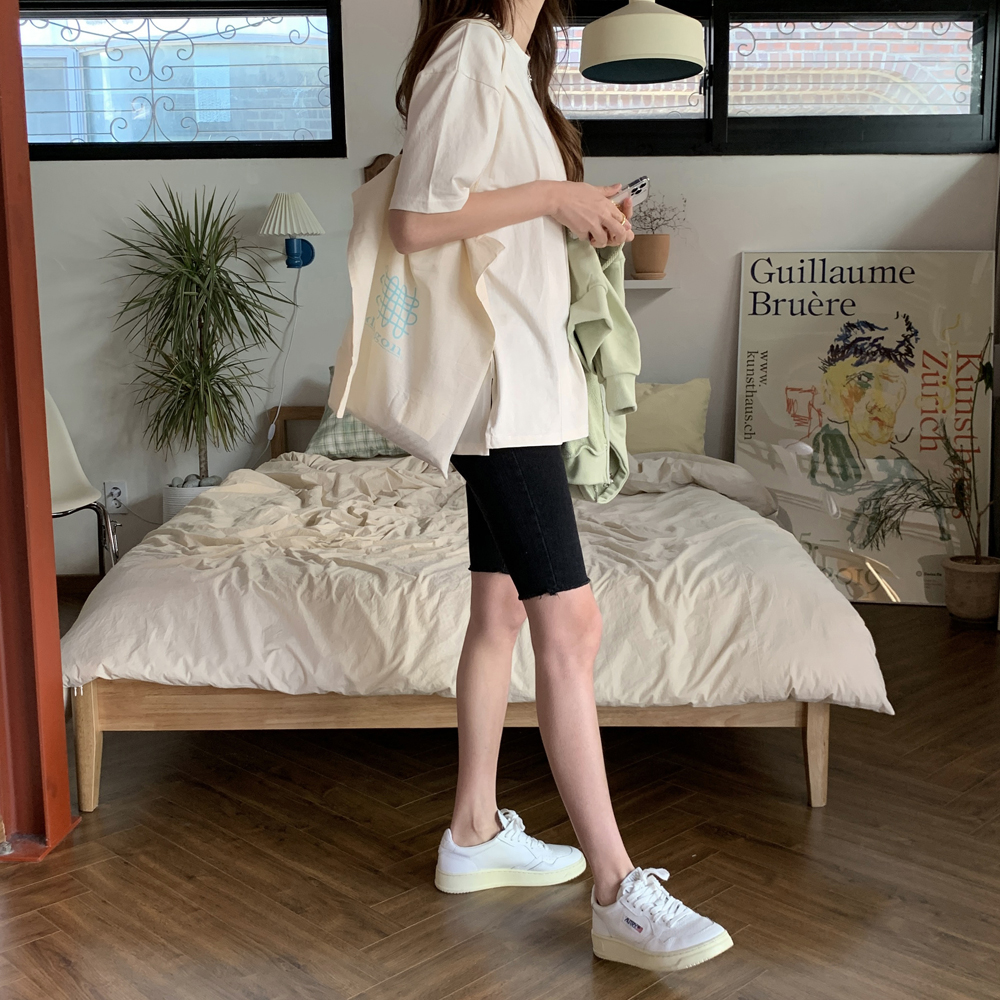 오버핏 옆트임 이너 레이어드 티셔츠 기본 봄 여성 티셔츠 면 라운드 여자 롱티 - 상세 이미지 3