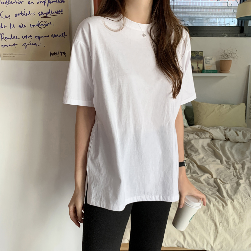 오버핏 옆트임 코튼 레이어드 이너 티셔츠 기본 여성 티셔츠 면 우먼흰티 여자 반팔티 - 상세 이미지 2