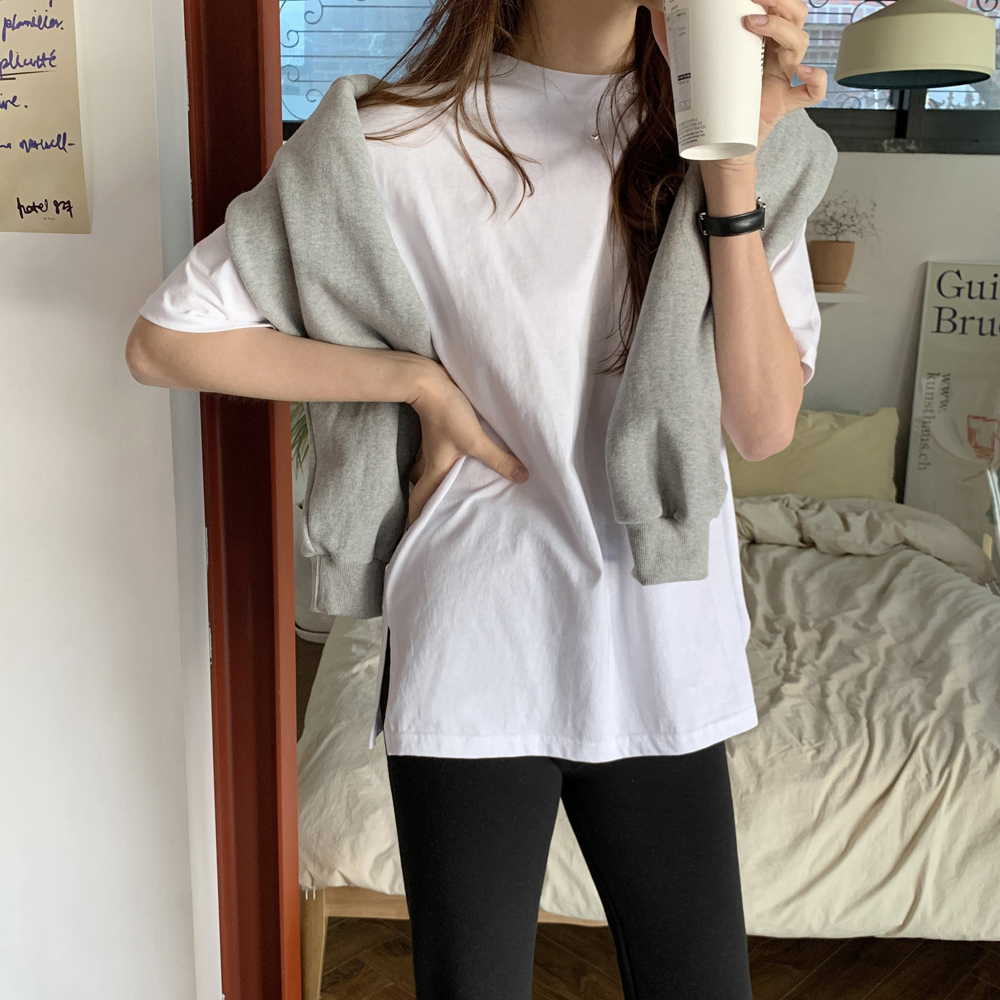오버핏 옆트임 코튼 레이어드 이너 티셔츠 기본 여성 티셔츠 면 우먼흰티 여자 반팔티 - 상세 이미지 3