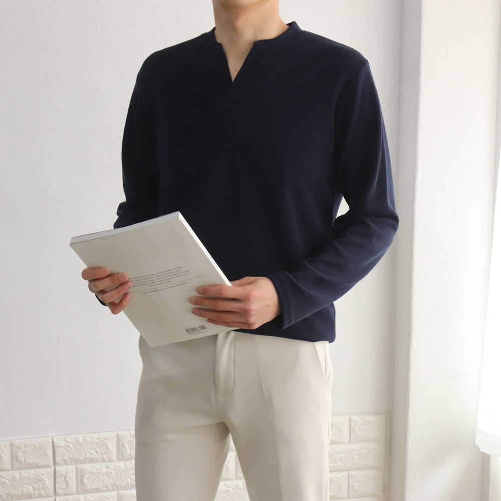 남자헨리넥티셔츠 브이라인 차이나카라 긴팔티셔츠 이미지 2