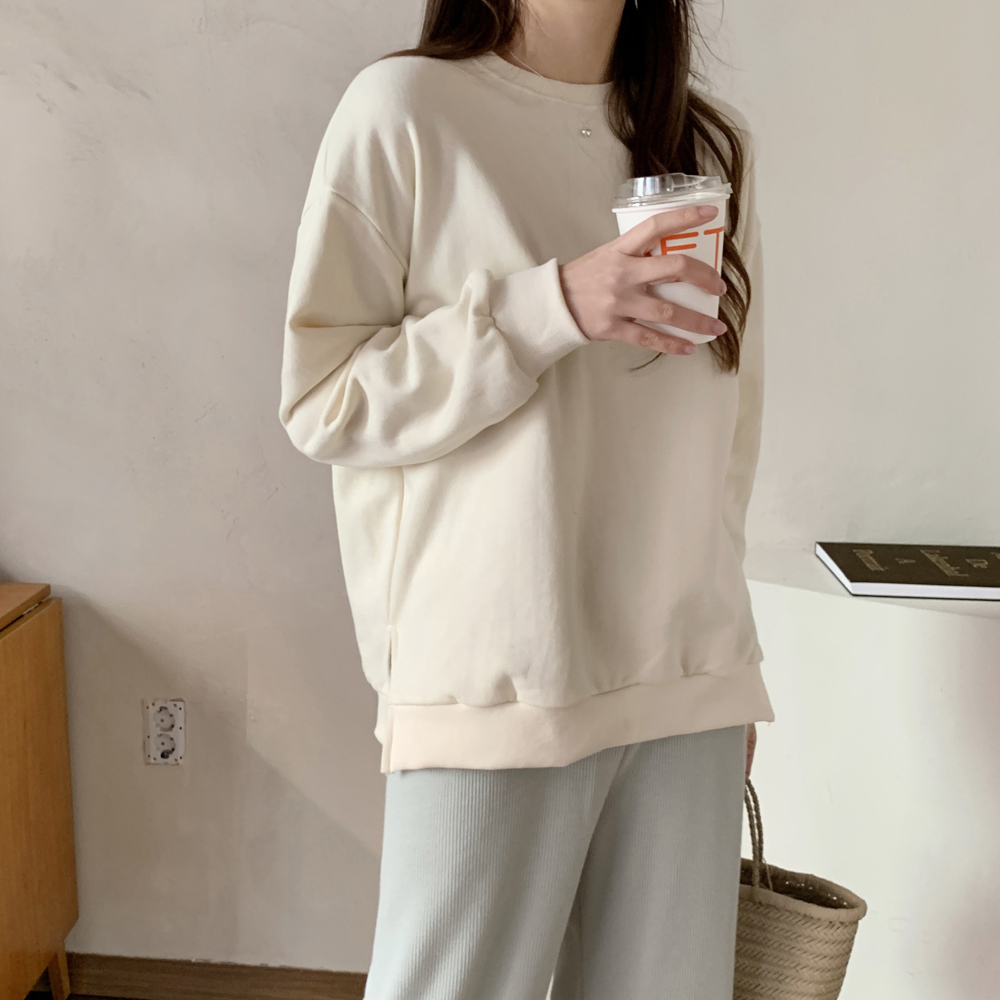 오버핏 옆트임 무지 여성 맨투맨 박스티 우먼 코튼 티셔츠 여자 긴팔티 봄 가을 - 상세 이미지 3