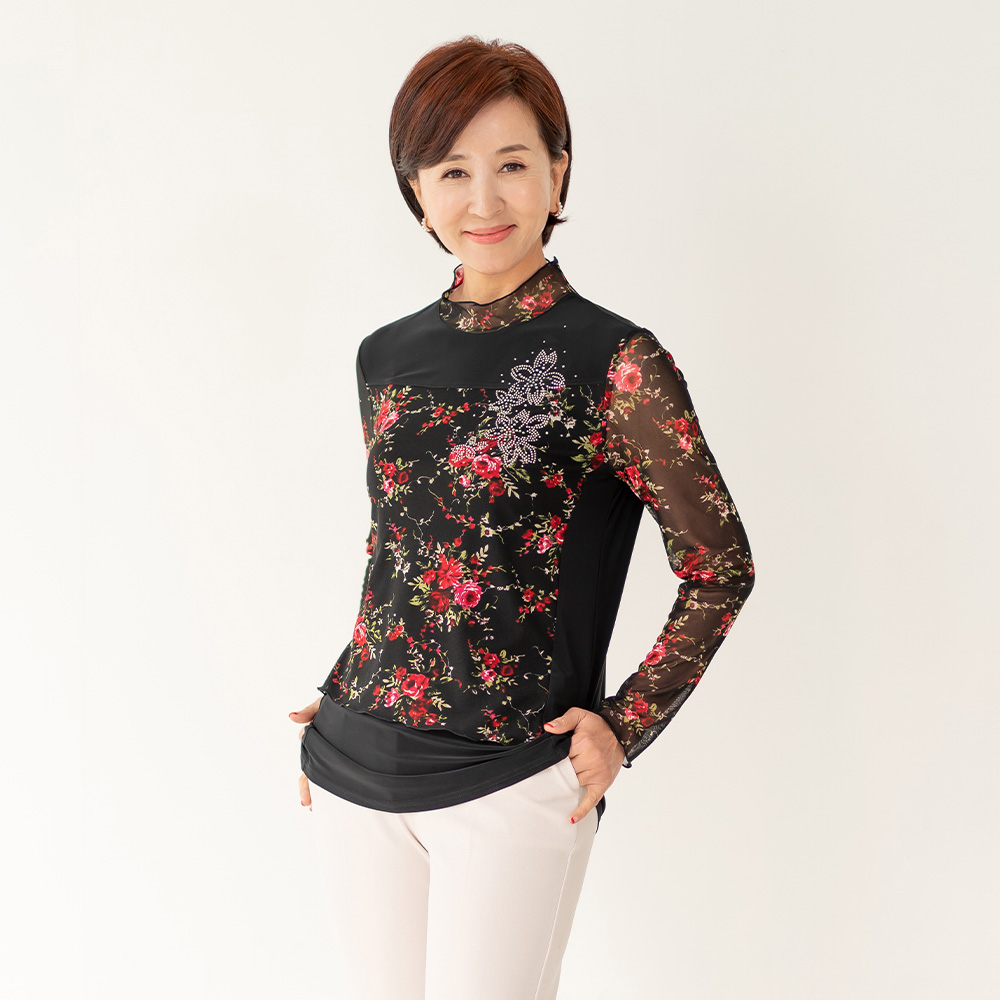 엄마옷 샤르망 쉬폰 블라우스 3종 플라워 프린트 중년여성 마담 60대 50대 40대 선물 - 상세 이미지 3