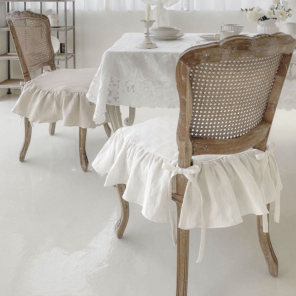 마랑 퀼티드 북유럽 린넨 대형 프릴 식탁 의자 끈 방석 커버 덮개 천갈이 S