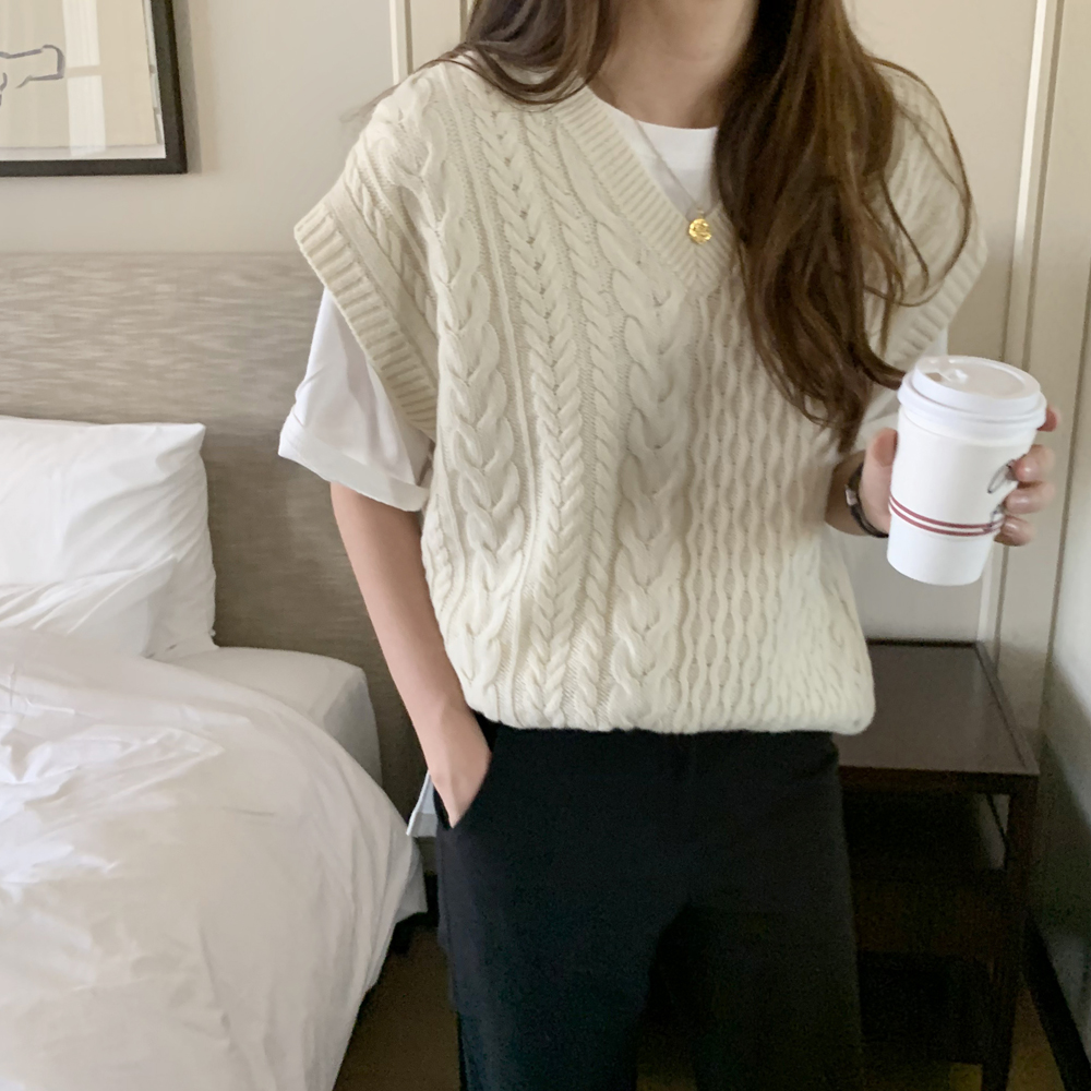 루즈핏 레이어드 여성 니트조끼 브이넥 꽈배기 니트베스트 울 쪼끼 오버핏 여자 조끼 봄 가을