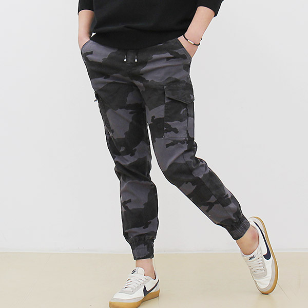 남자 카모 밀리터리 밴딩 면 워싱 포켓 조거 카고팬츠 - 상품 이미지