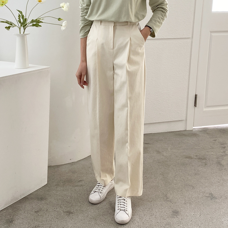 하이웨스트 코튼 세미 핀턱 와이드팬츠 여자 와이드슬랙스 가을 여성 면바지 일자팬츠 베이지 - 상세 이미지 3