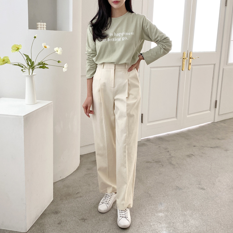 하이웨스트 코튼 세미 핀턱 와이드팬츠 여자 와이드슬랙스 가을 여성 면바지 일자팬츠 베이지 - 상세 이미지 2