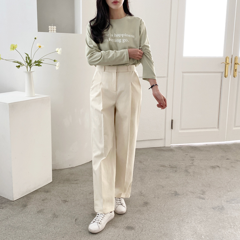 하이웨스트 코튼 세미 핀턱 와이드팬츠 여자 와이드슬랙스 가을 여성 면바지 일자팬츠 베이지 - 상세 이미지 5
