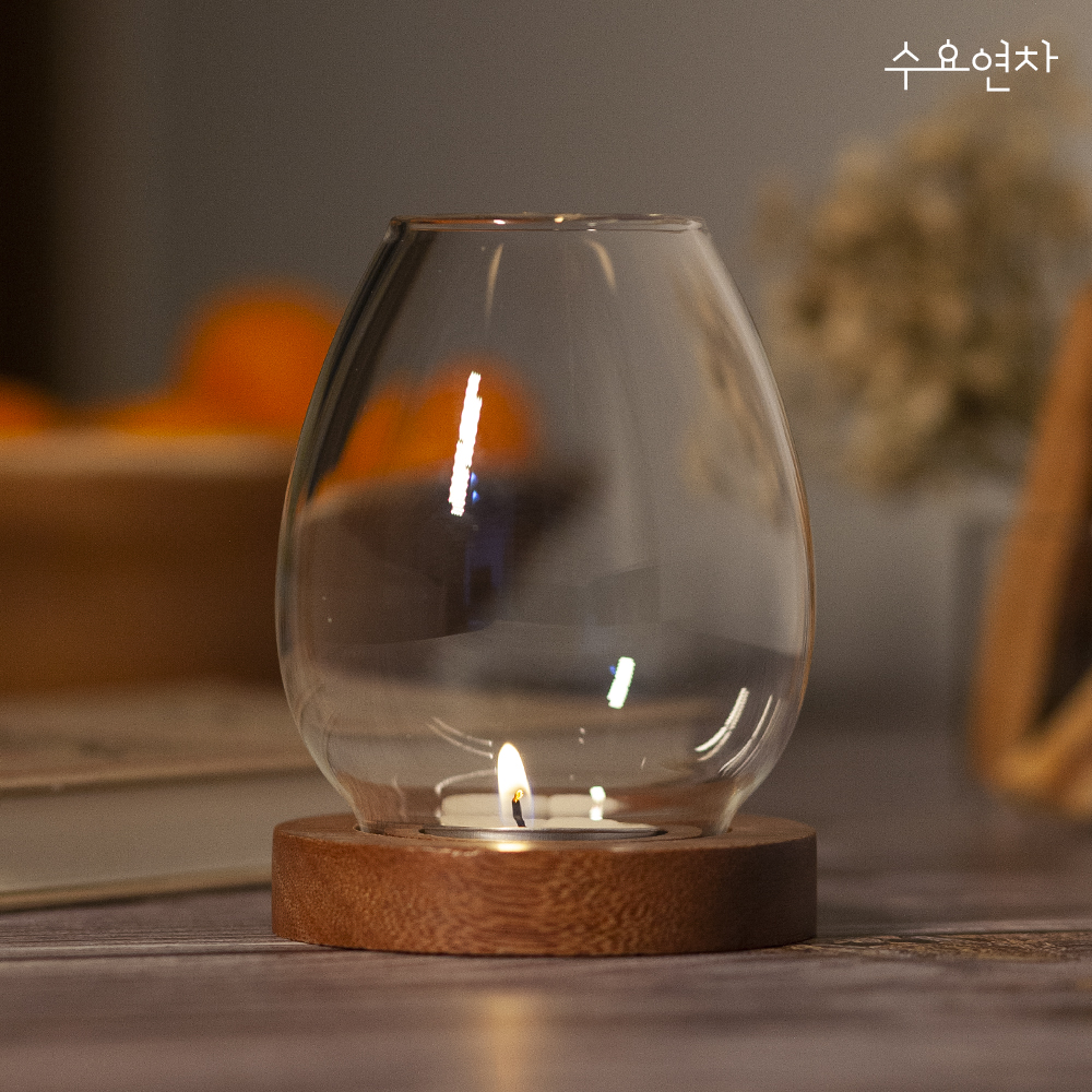 유리 호롱 티라이트 홀더 우드 캔들 촛대 티라이트1개 - 상세 이미지 2