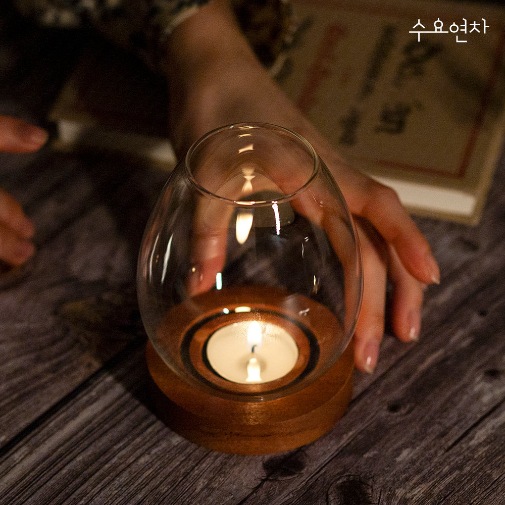 유리 호롱 티라이트 홀더 우드 캔들 촛대 티라이트1개 - 상세 이미지 3