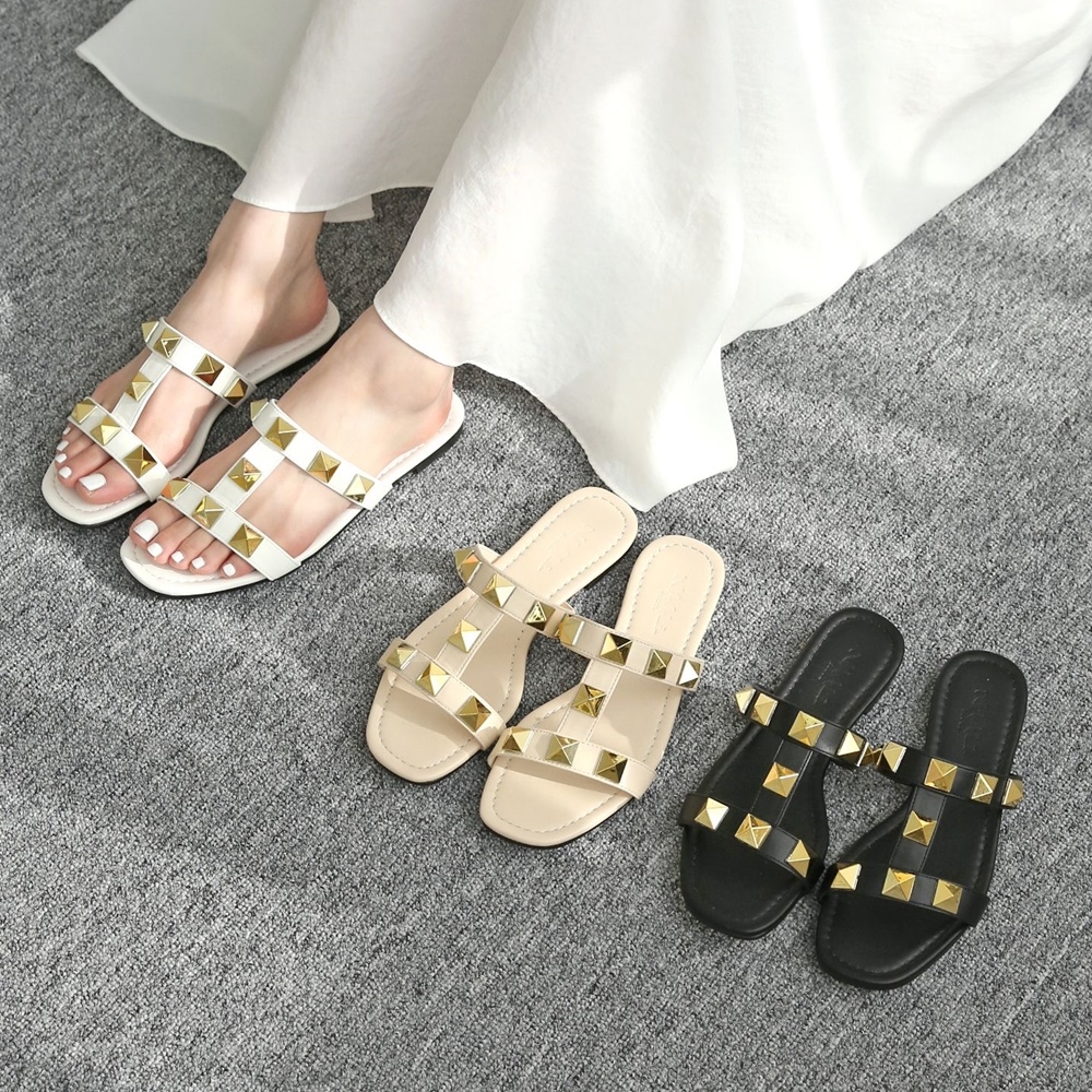 여름 스터드 글래디 에이터 플랫 슬라이드 슬리퍼 샌들 쪼리 1.5cm 화이트 베이지 블랙 - 상품 이미지