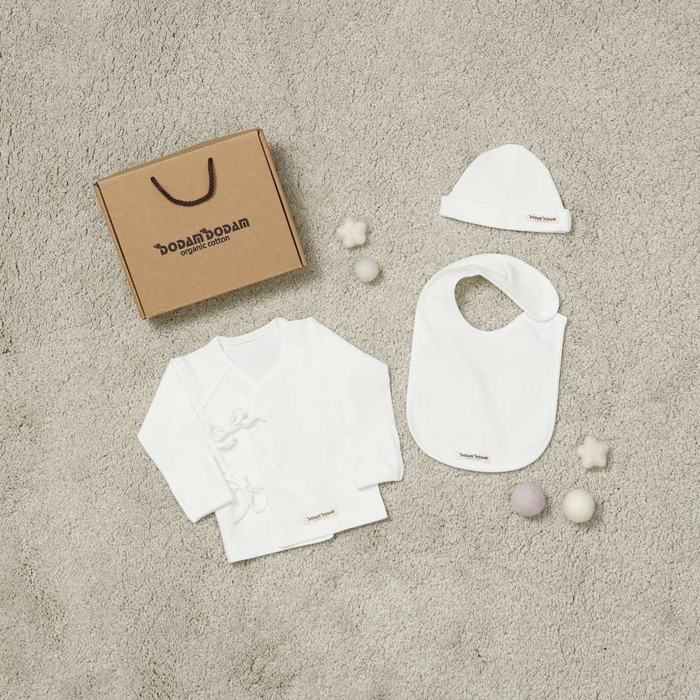 도담도담 오가닉 코튼 무형광 100% 신생아 배냇저고리 출산 선물 3종 세트 (화이트)