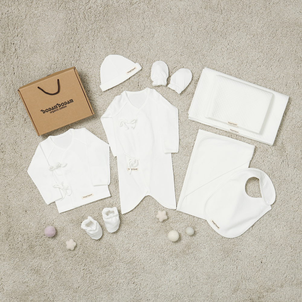 도담도담 오가닉 코튼 무형광 100% 신생아 출산 준비 9종 선물 종합 세트 (화이트)