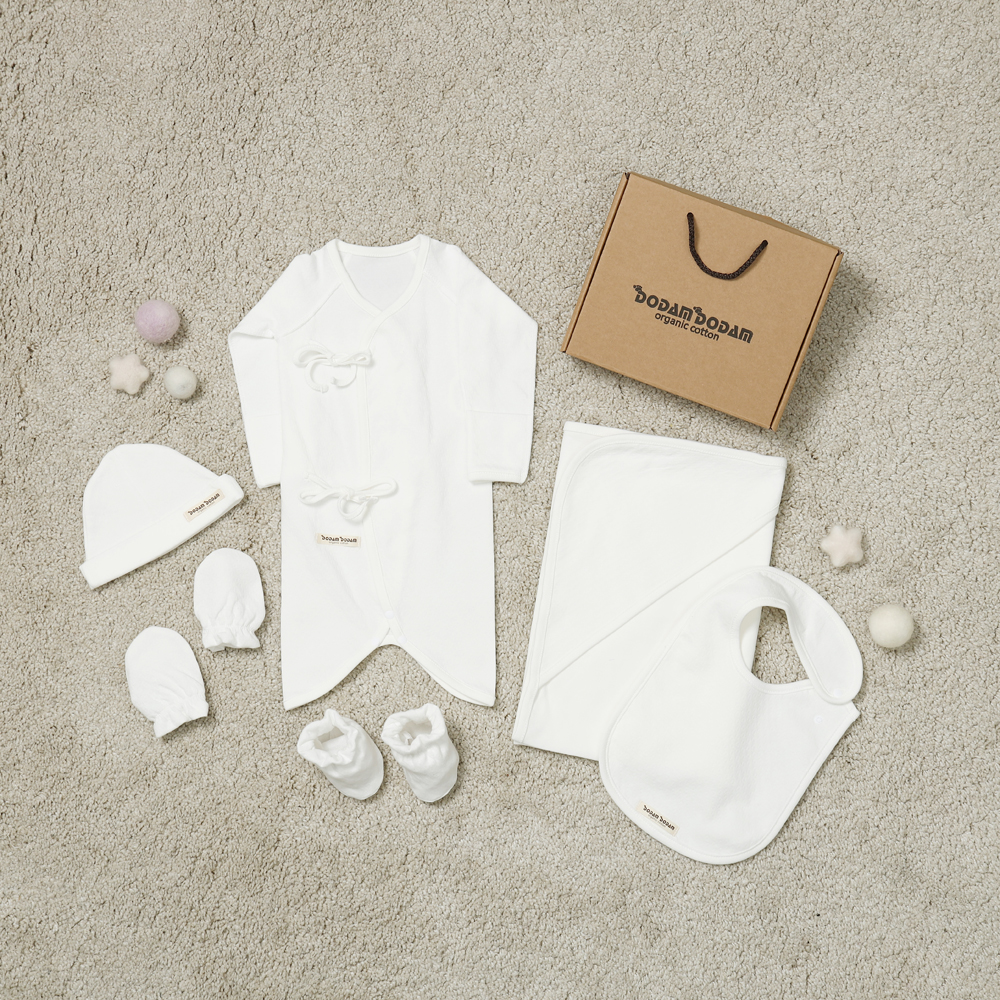 도담도담 오가닉 코튼 무형광 100% 신생아 출산 선물 배냇 슈트 6종 세트 (화이트)