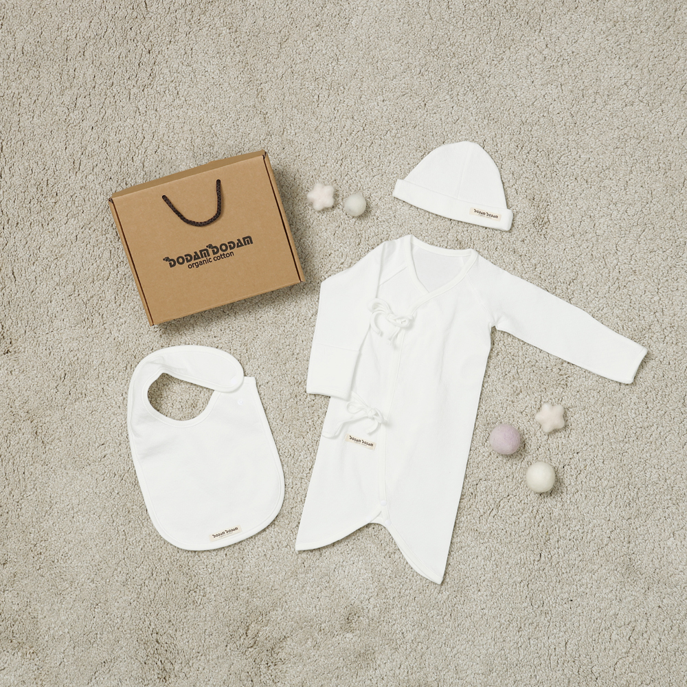 도담도담 오가닉 코튼 무형광 100% 신생아 배냇 슈트 3종 출산 선물 (화이트)