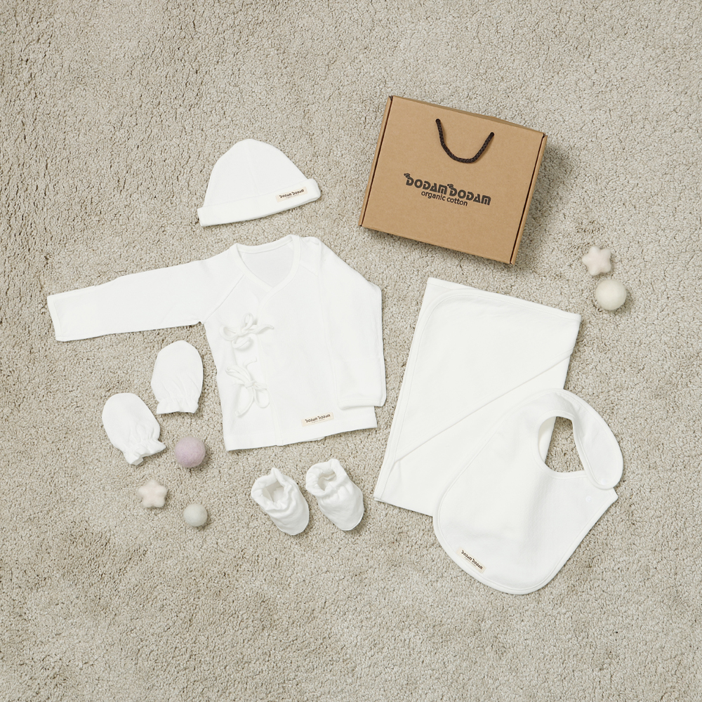 도담도담 오가닉 코튼 무형광100% 신생아 출산 선물 배냇저고리 6종 세트 (화이트)