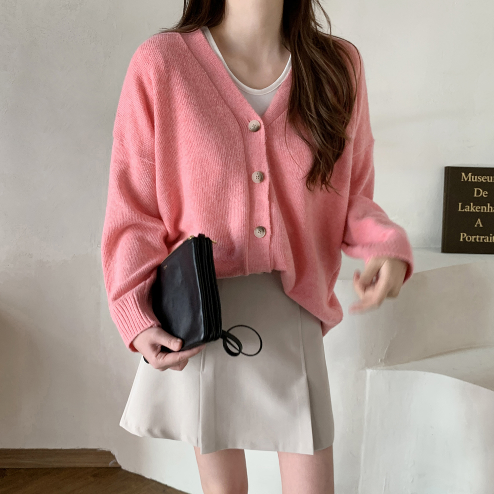 오버핏 알파카 울 가디건 여성 니트가디건 브이넥 여자 가디건 핑크 블랙