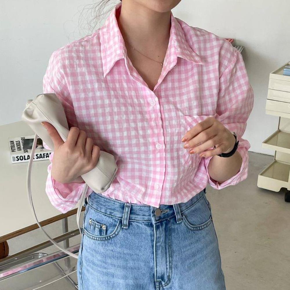 여자 파스텔 깅엄 보더체크 긴팔 면남방 봄옷 셔츠 - 상품 이미지