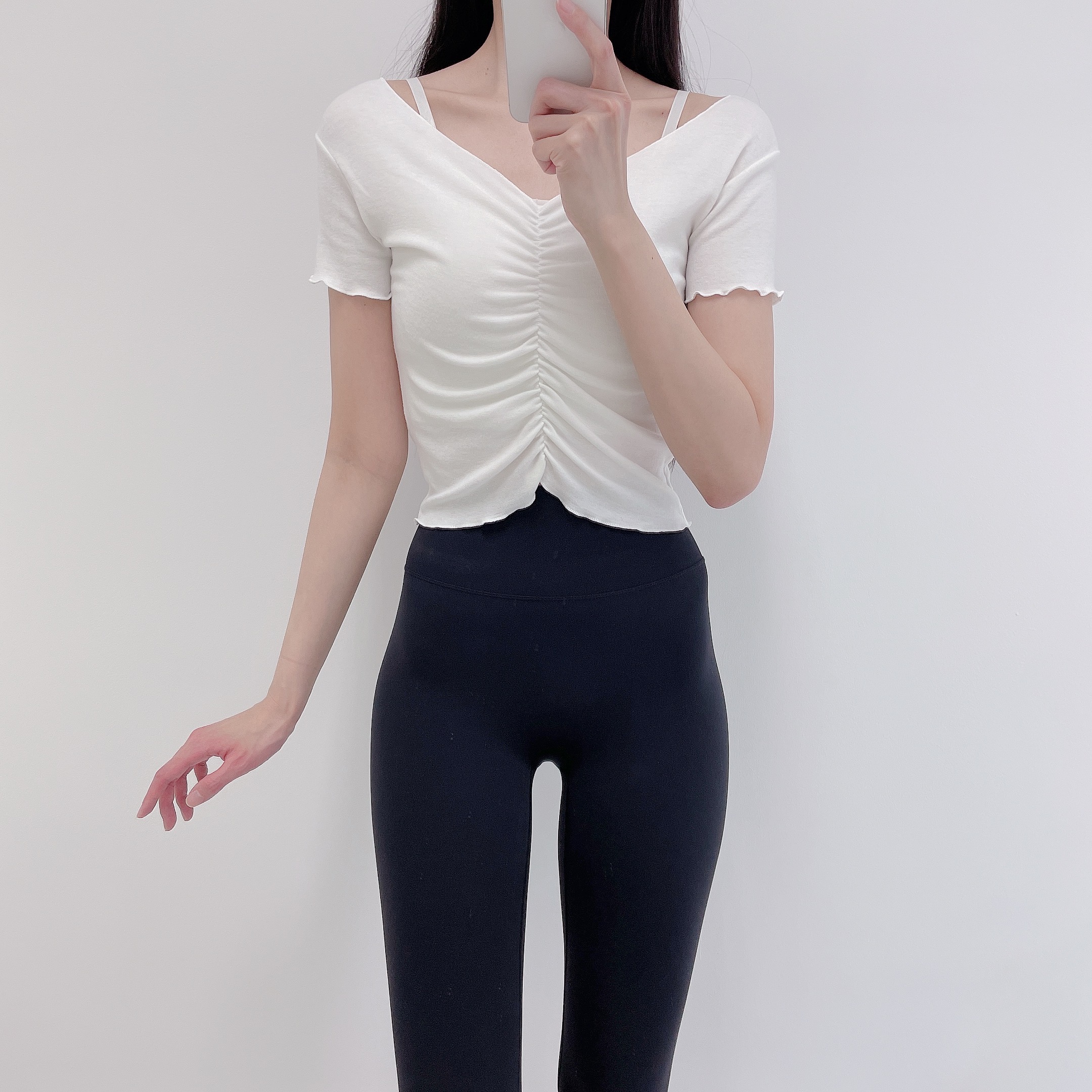 로라벨 프릴셔링 필라테스복 여성 요가복 필라테스 상의 요가 반팔 크롭 운동복 커버업 티 - 상세 이미지 4