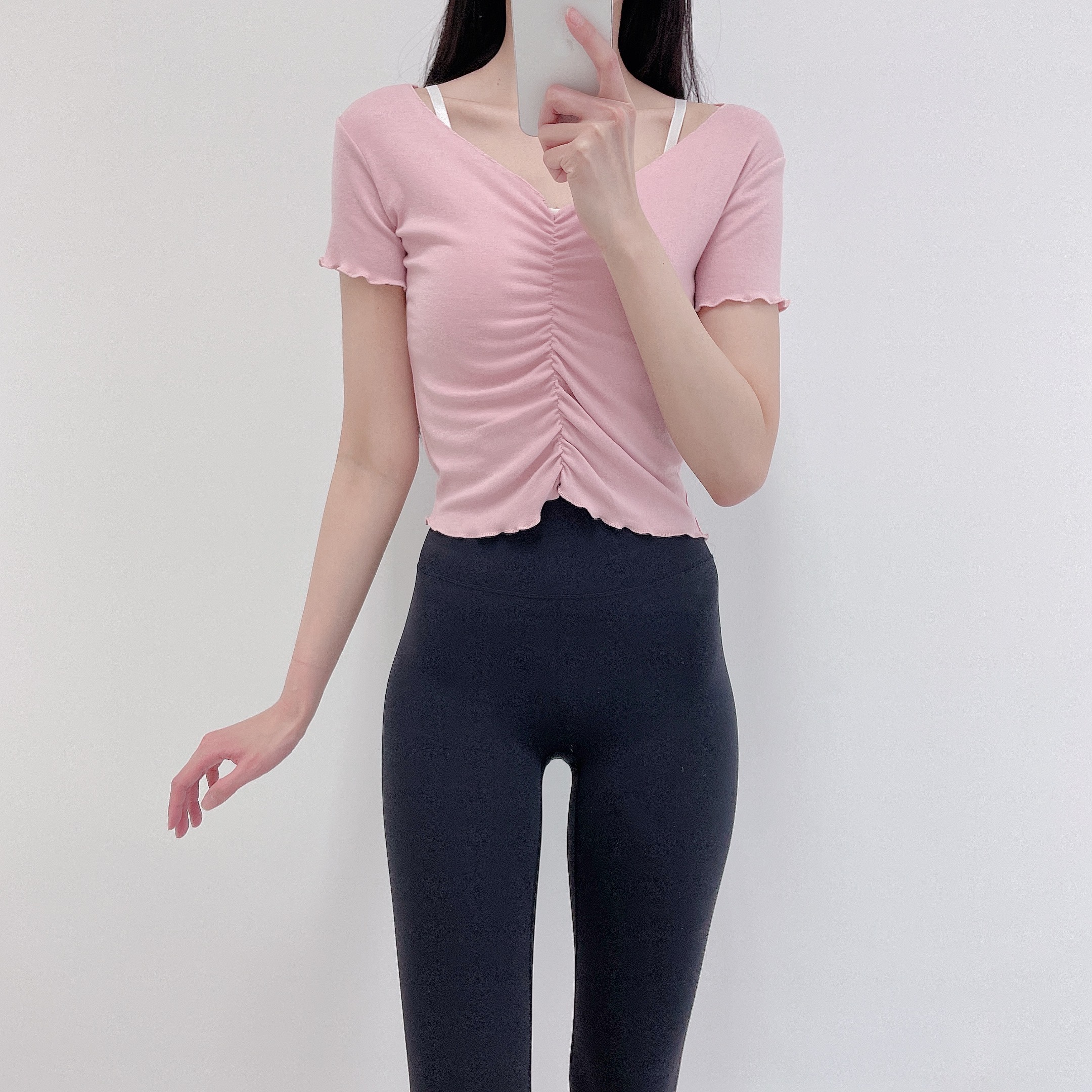 로라벨 프릴셔링 필라테스복 여성 요가복 필라테스 요가 상의 티셔츠 옷 커버업 크롭 복장 - 상세 이미지 5