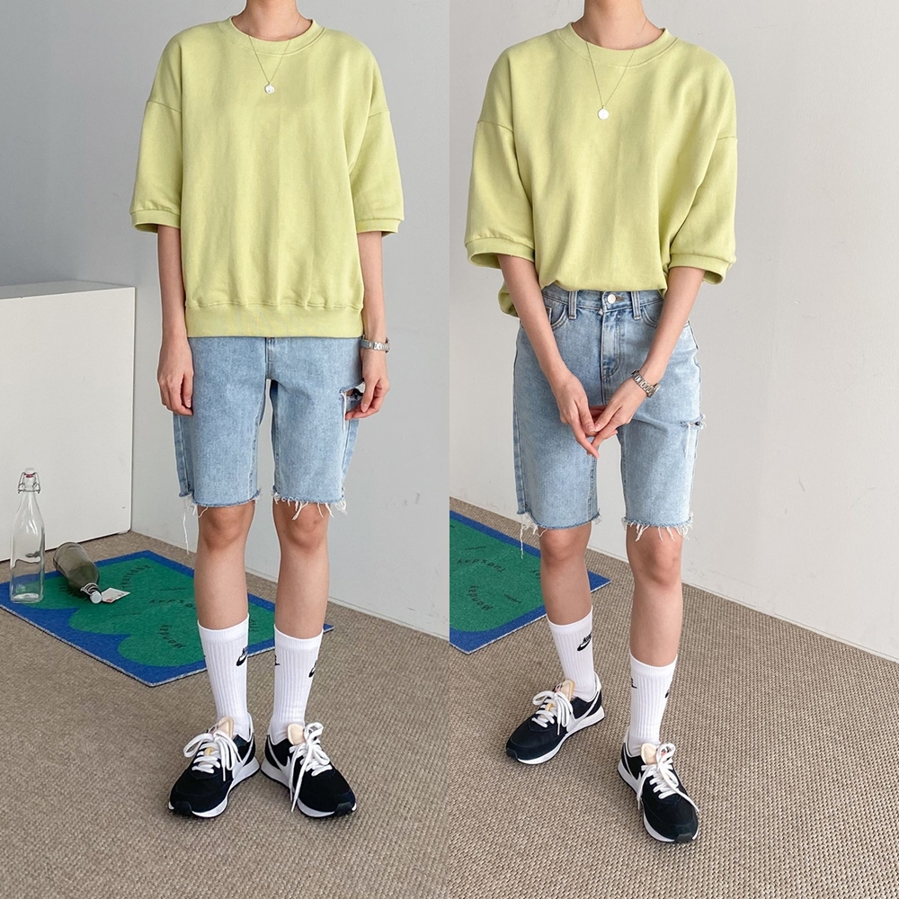 여성반팔맨투맨 무지 루즈핏 라운드 5부 맨투맨 티셔츠 - 메인 이미지
