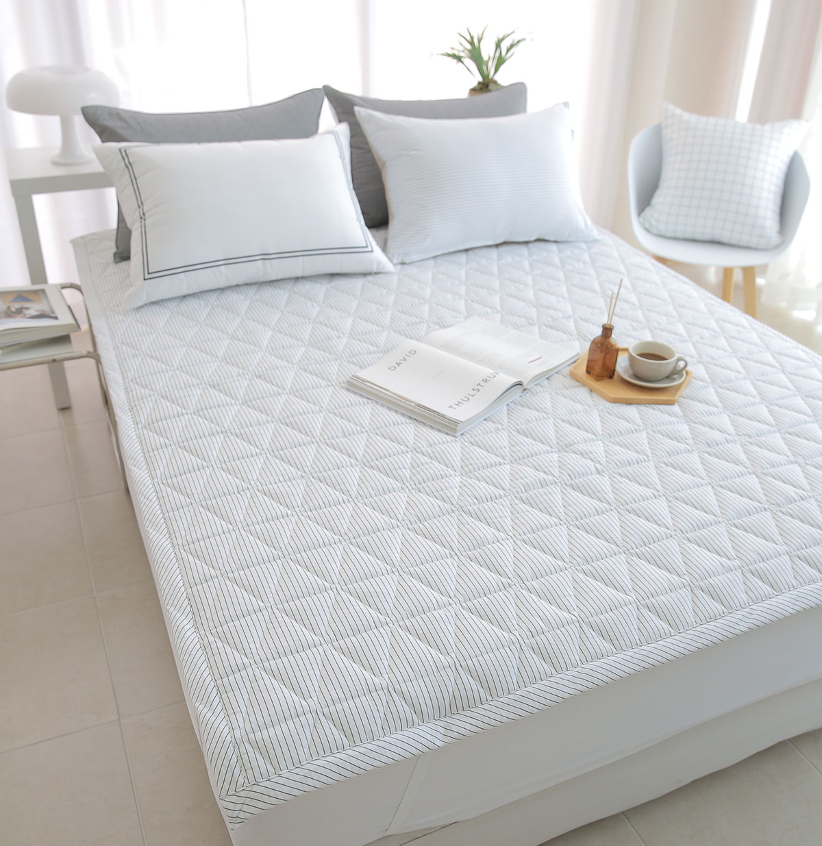 이불패드 패밀리 침대패드 겸 이불 모달 스트라이프 알러지케어 고정밴드 Q