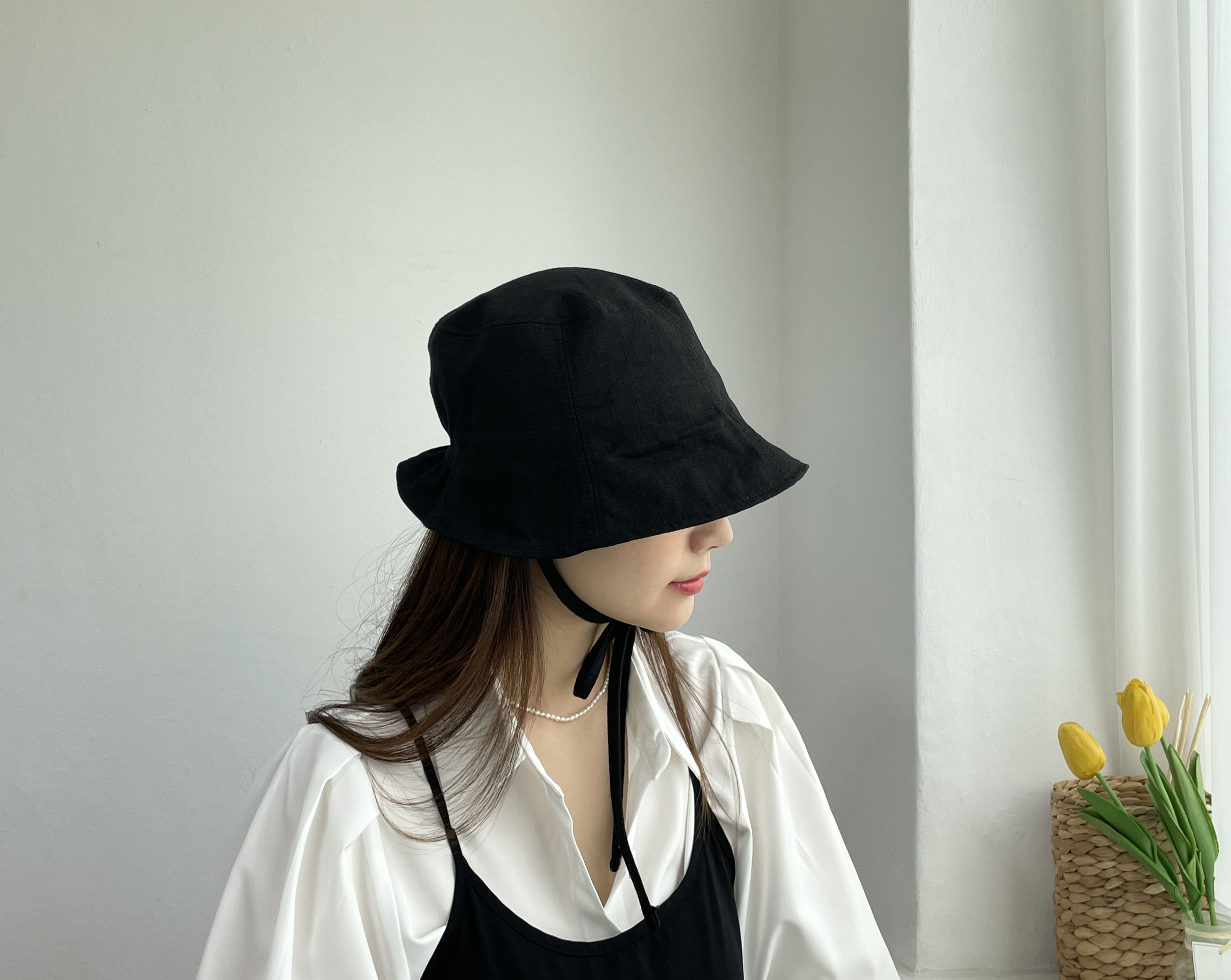 봄 여름 린넨 밴딩 숏챙 턱 끈 여성 보넷 벙거지 모자 버킷햇 상세 이미지 13