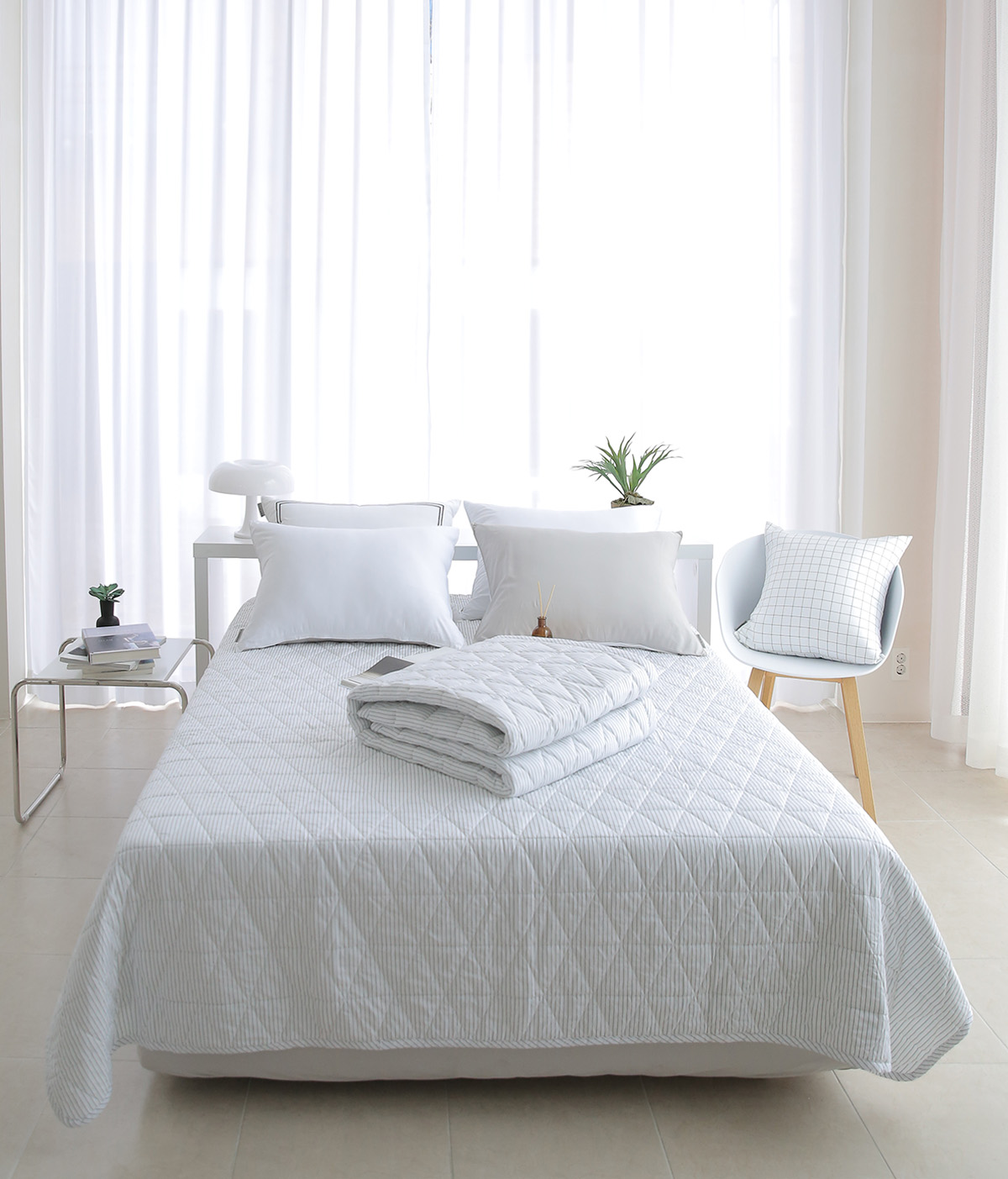 이불패드 패밀리 침대패드 겸 이불 모달 스트라이프 알러지케어 고정밴드 Q