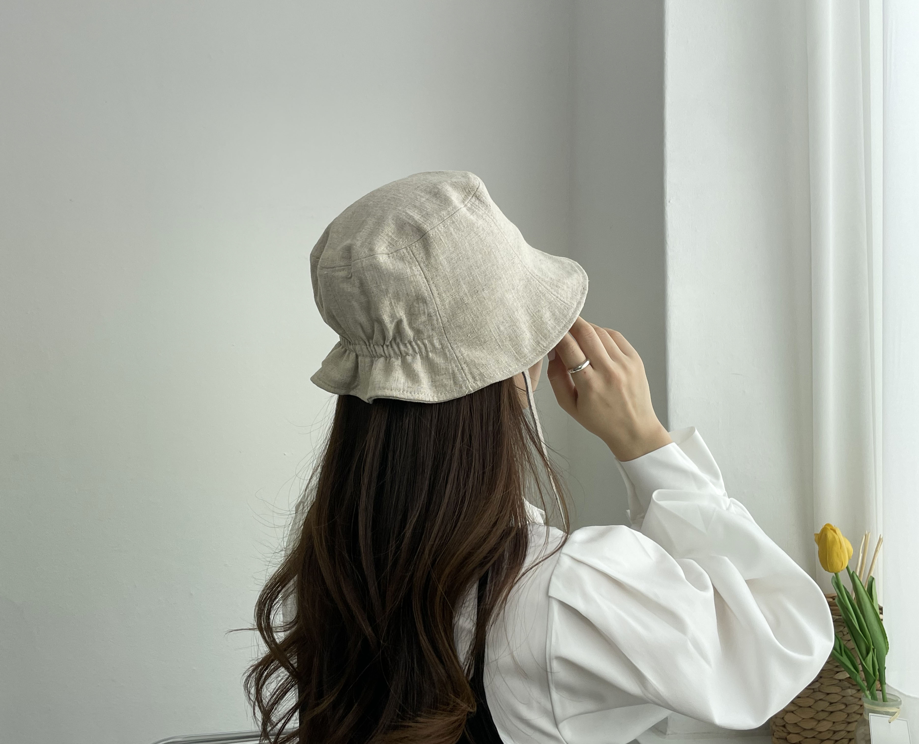 봄 여름 린넨 밴딩 숏챙 턱 끈 여성 보넷 벙거지 모자 버킷햇 상세 이미지 5