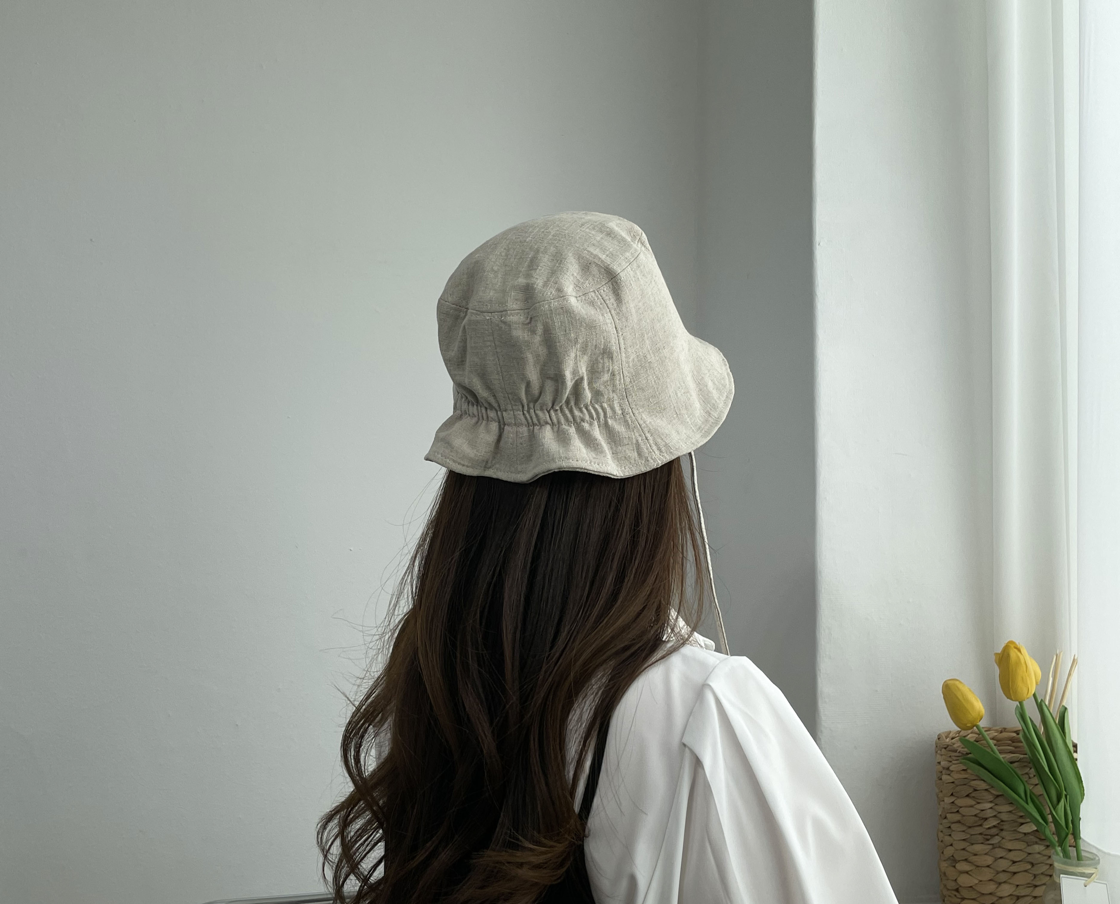 봄 여름 린넨 밴딩 숏챙 턱 끈 여성 보넷 벙거지 모자 버킷햇 상세 이미지 4