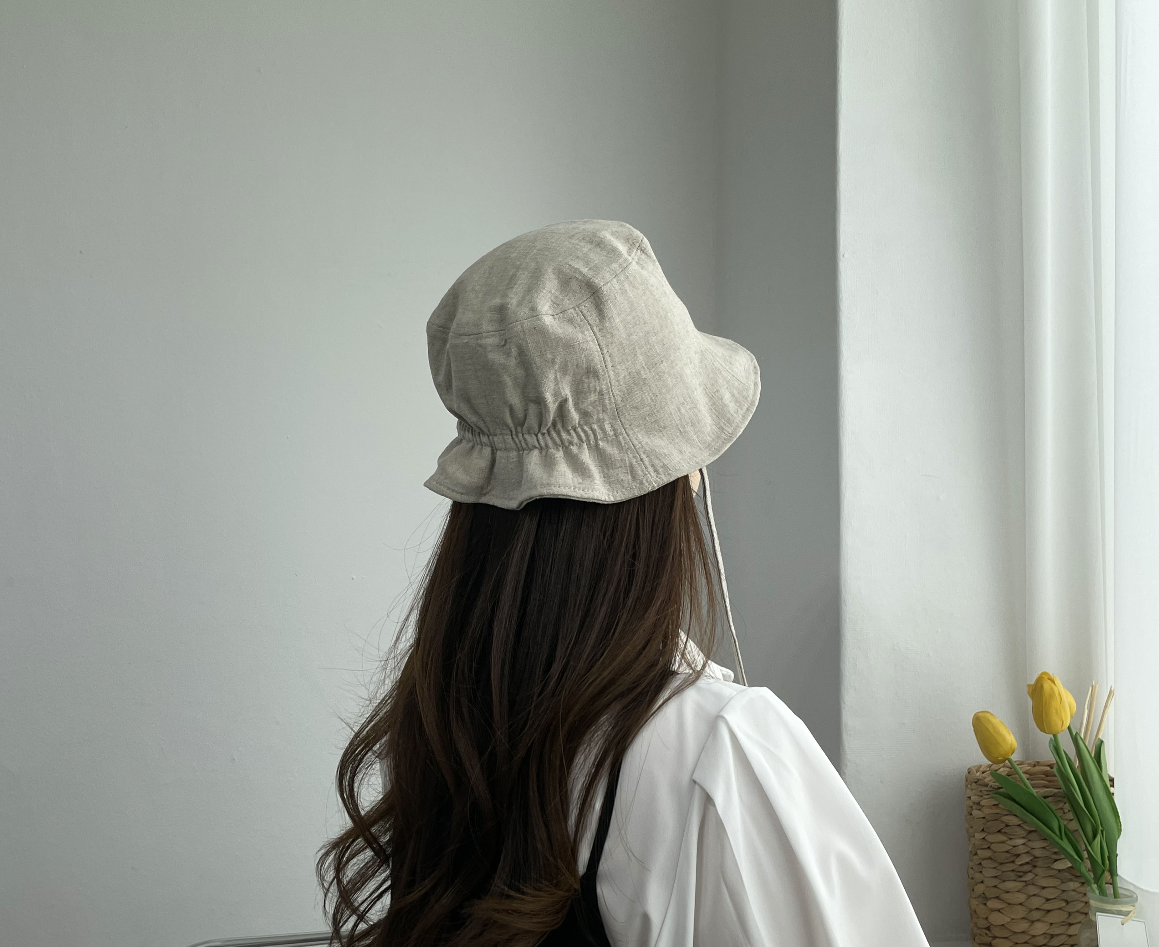 봄 여름 린넨 밴딩 숏챙 턱 끈 여성 보넷 벙거지 모자 버킷햇 상세 이미지 3