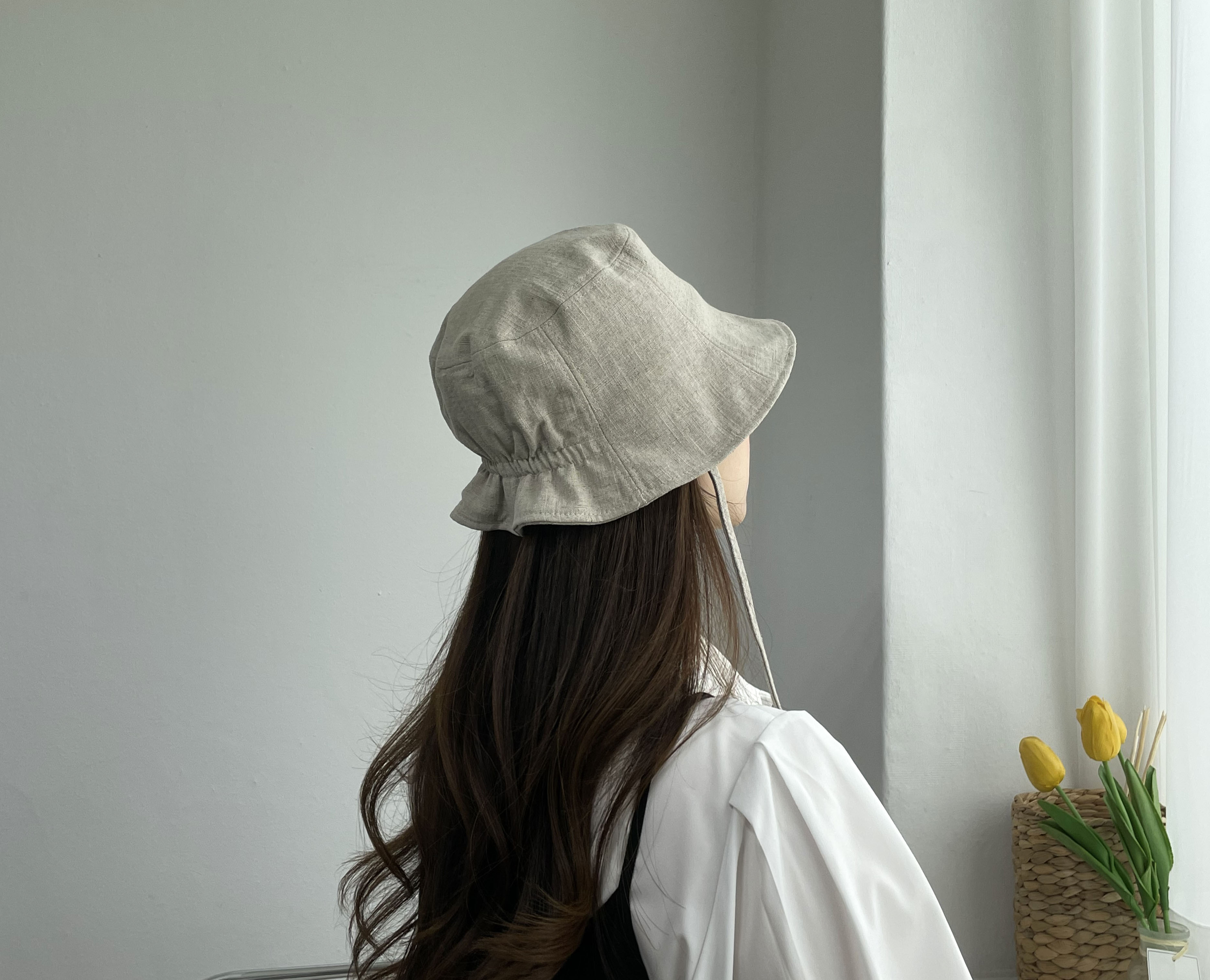 봄 여름 린넨 밴딩 숏챙 턱 끈 여성 보넷 벙거지 모자 버킷햇 상세 이미지 7