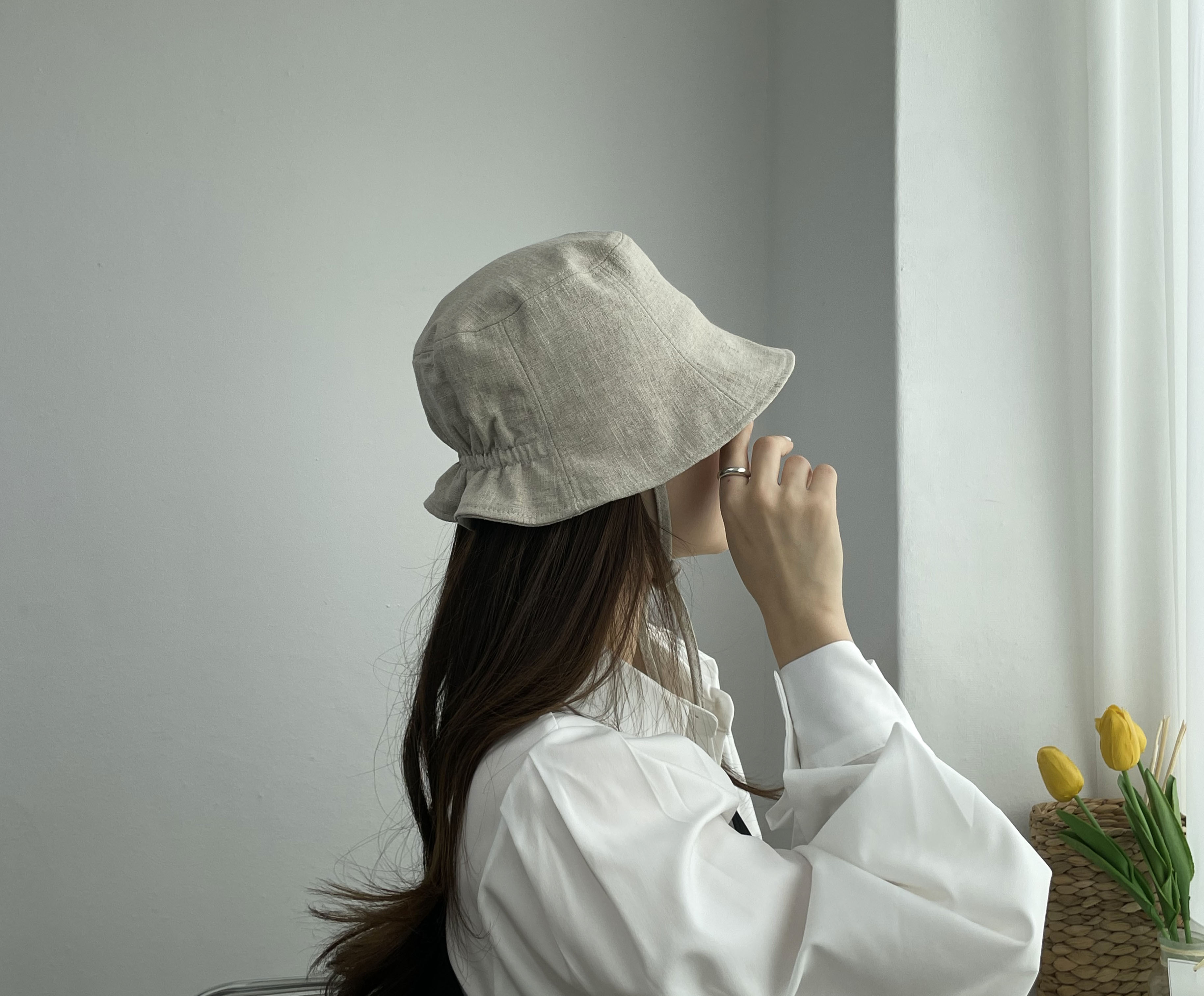 봄 여름 린넨 밴딩 숏챙 턱 끈 여성 보넷 벙거지 모자 버킷햇 상세 이미지 8