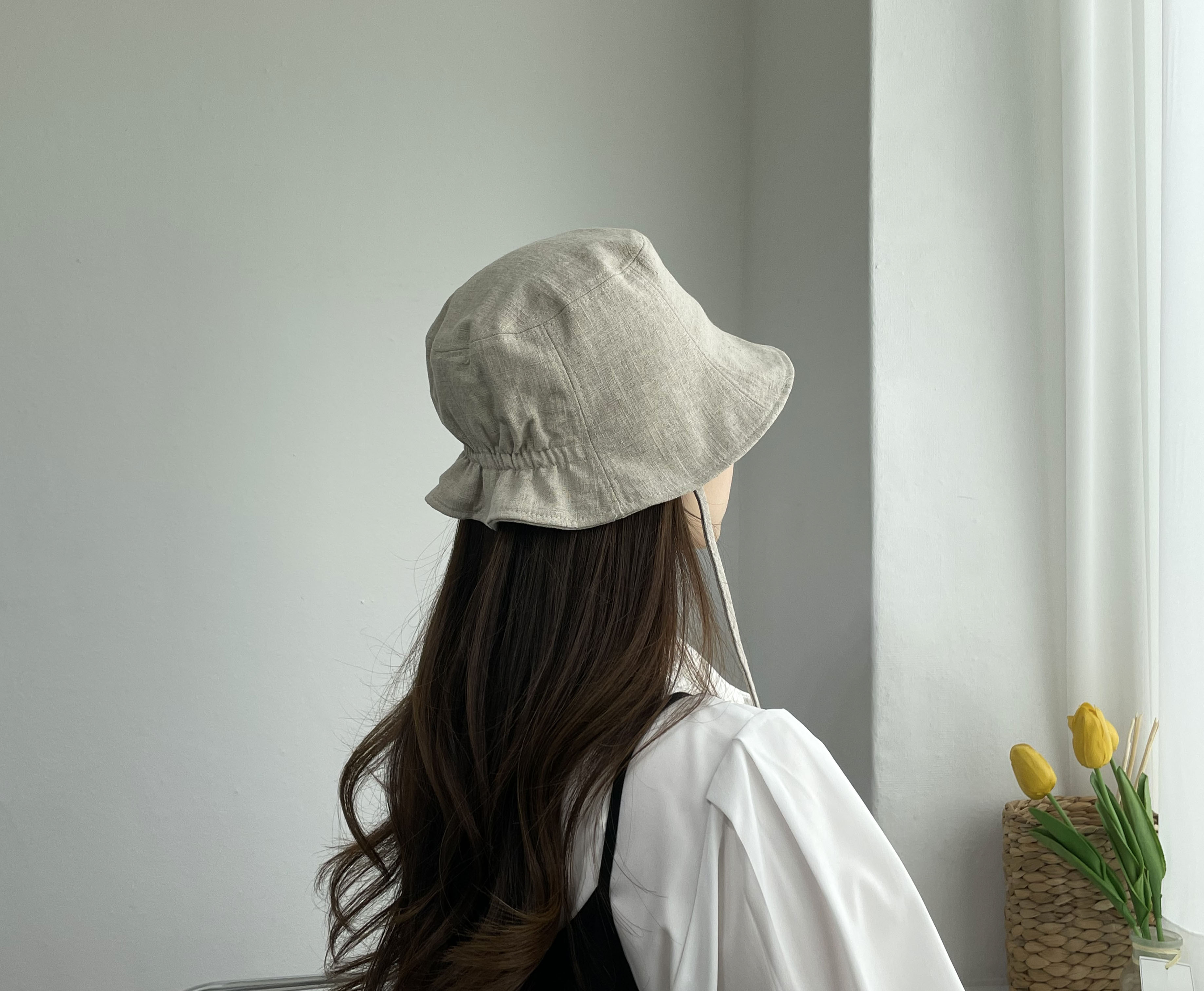 봄 여름 린넨 밴딩 숏챙 턱 끈 여성 보넷 벙거지 모자 버킷햇 상세 이미지 6