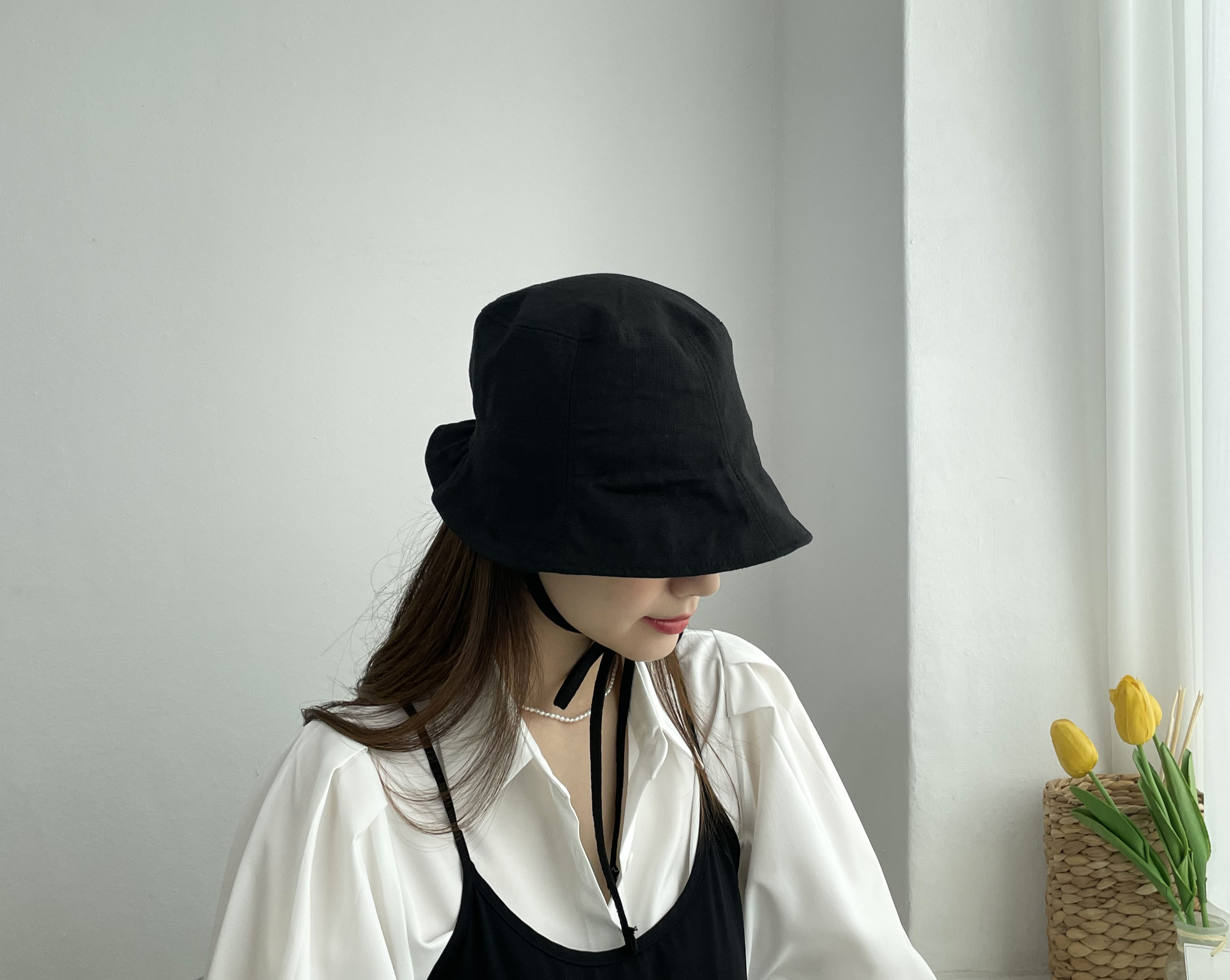 봄 여름 린넨 밴딩 숏챙 턱 끈 여성 보넷 벙거지 모자 버킷햇 상세 이미지 12